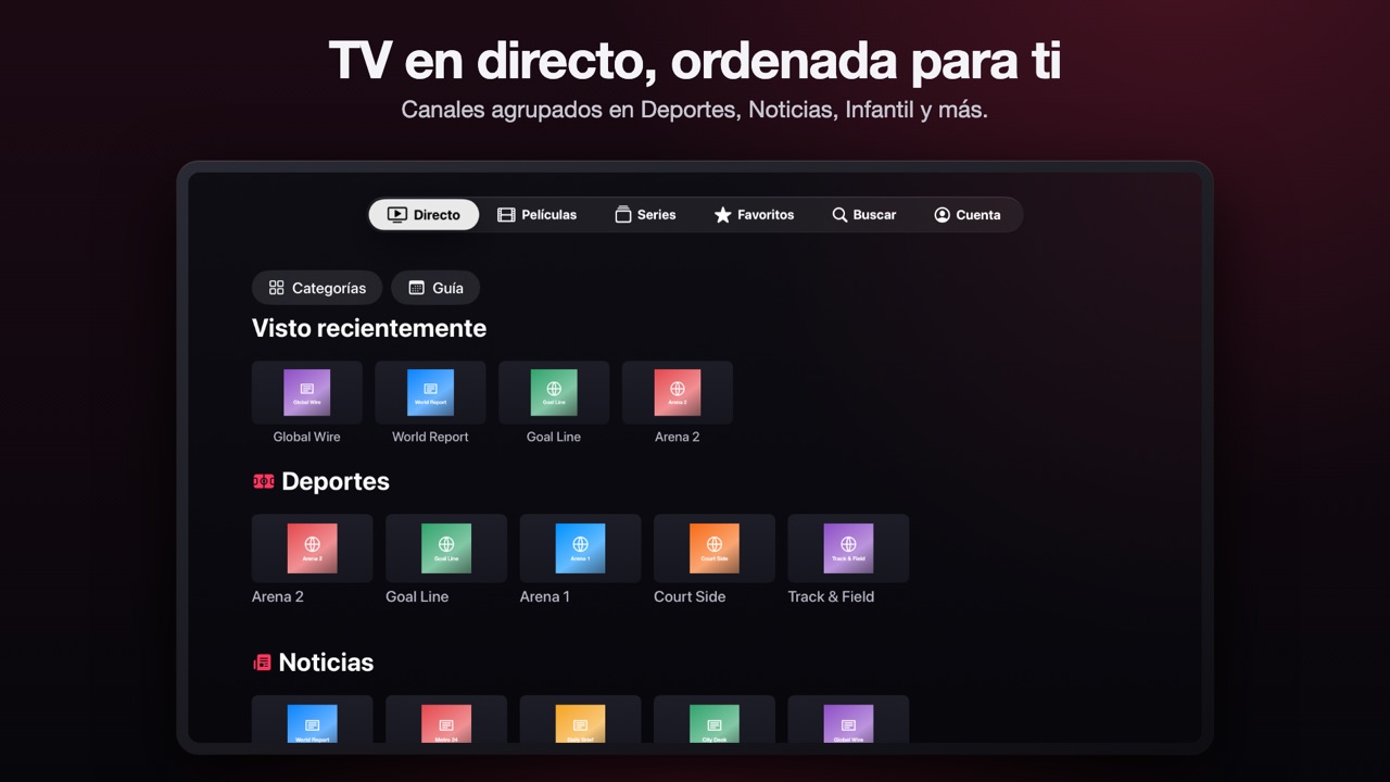 Castwave on Apple TV in Spanish: the tab bar reads Directo, Películas, Series, Favoritos, Buscar and Cuenta, above the Deportes and Noticias channel rows