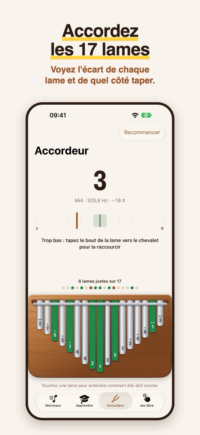 Kalimba Coach in French: the Accordeur screen showing key 3 as Mi4 at 325,6 Hz and 18 cents flat, with the hint to tap the tine toward the bridge
