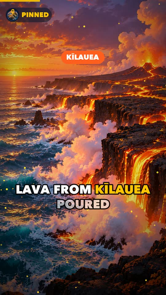 Lava pouring into the sea under a Kīlauea label