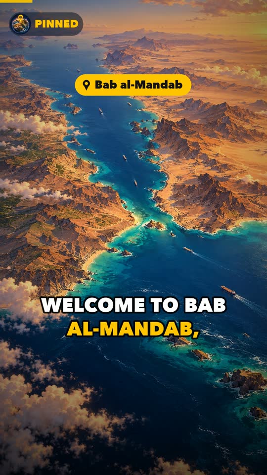An aerial painting of the Red Sea narrowing into a strait, with a Bab al-Mandab pin