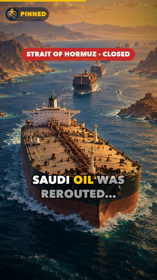 An oil tanker in a strait under a label reading Strait of Hormuz closed