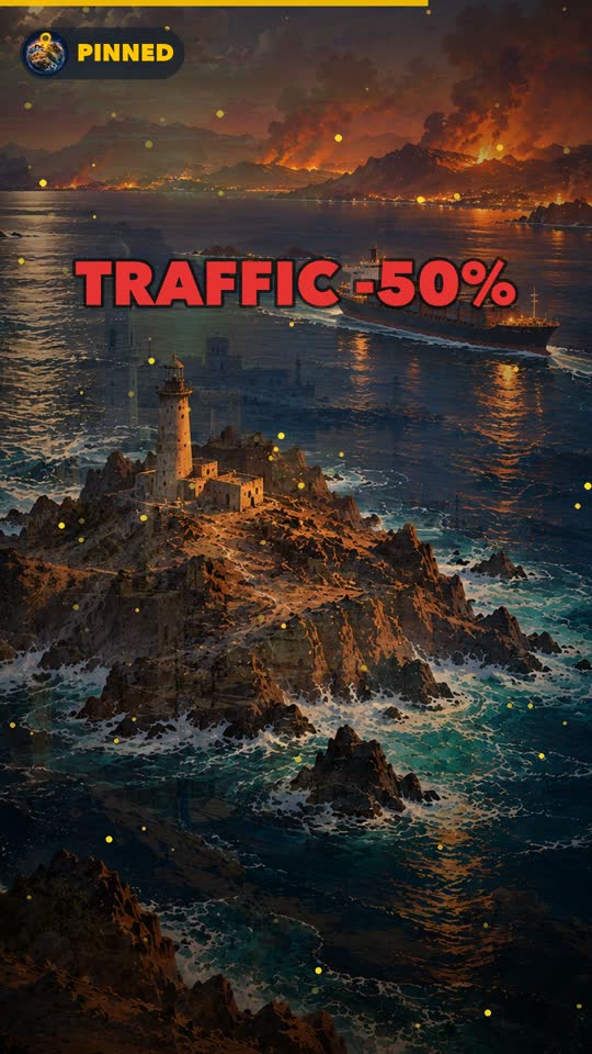 A lighthouse island at night with the words traffic minus 50 percent