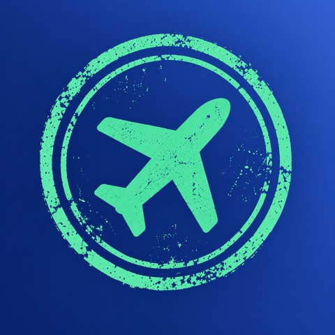 The new Stamp Days icon: a bold mint-green rubber stamp with a large plane, inked with a worn texture on deep blue