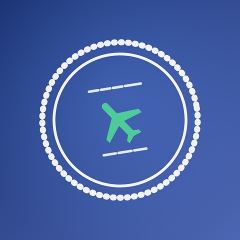 The old Stamp Days icon: a thin white dotted seal on blue with a small green plane in the middle