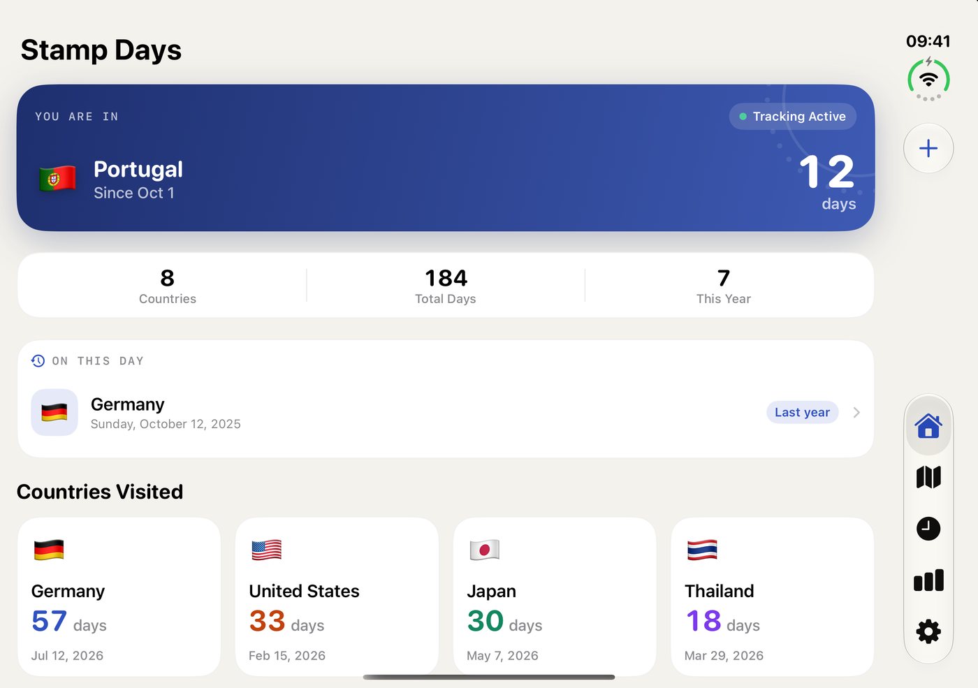 The Stamp Days dashboard on the unfolded iPhone Duo: the current country card, totals, On this day, and four country cards in a row