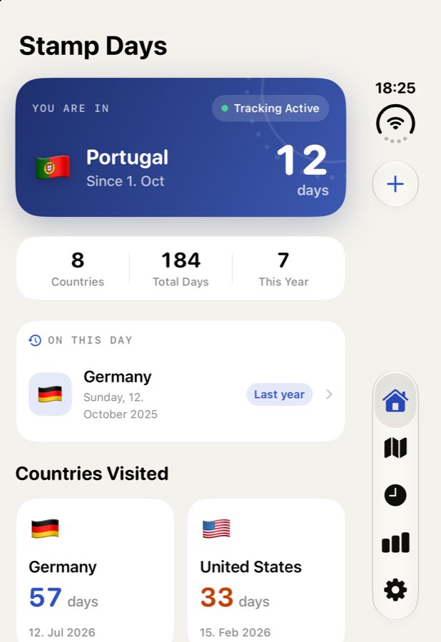 Stamp Days on the folded iPhone Duo: the dashboard on the left, and the tab bar and add button in a column on the right edge