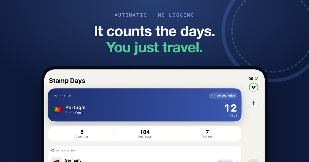 The first iPhone Duo screenshot for Stamp Days: the headline It counts the days. You just travel. above the dashboard on the unfolded Duo