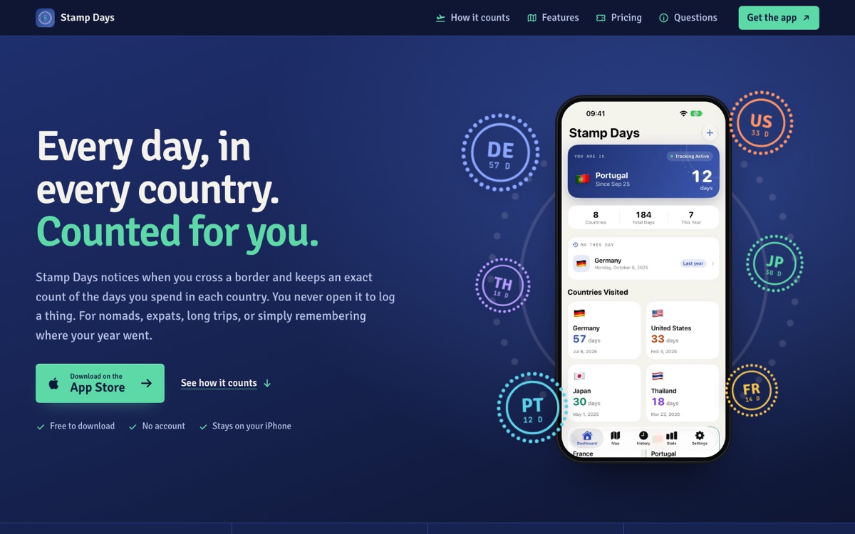 The new Stamp Days website: a navy hero with the headline Every day, in every country, counted for you, and passport stamps for Germany, the US, Japan, Thailand, France and Portugal around an iPhone