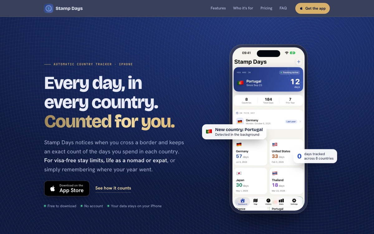 The old Stamp Days website: a navy page with a gold headline and an iPhone on the right