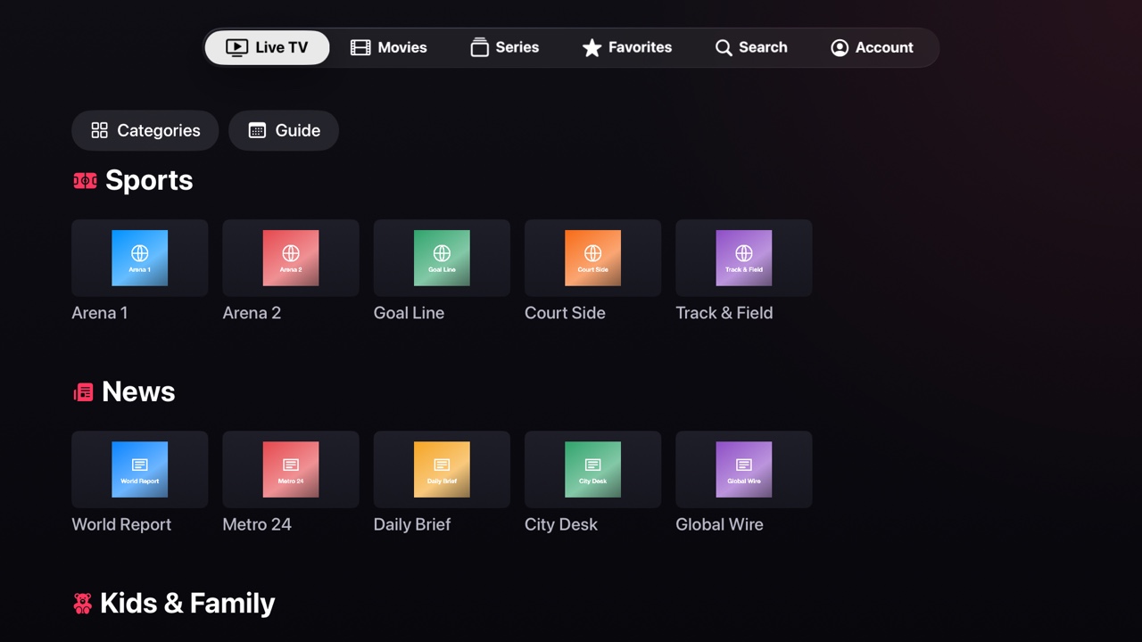 Live TV grouped into Sports, News and Kids rows.