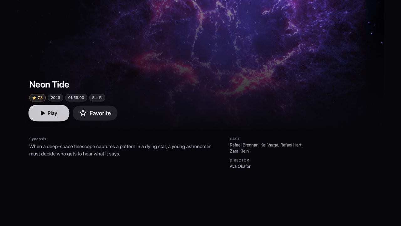 A movie page with backdrop, rating, runtime, plot and cast.