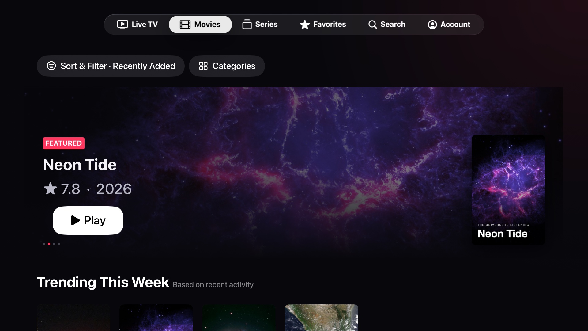 Castwave's Movies tab: a featured film with its poster and backdrop, and a Trending This Week row.