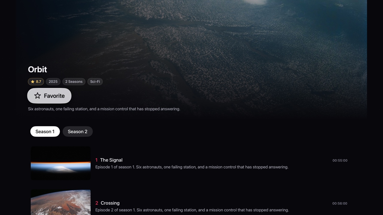 A series page with a season picker and episode list with stills.