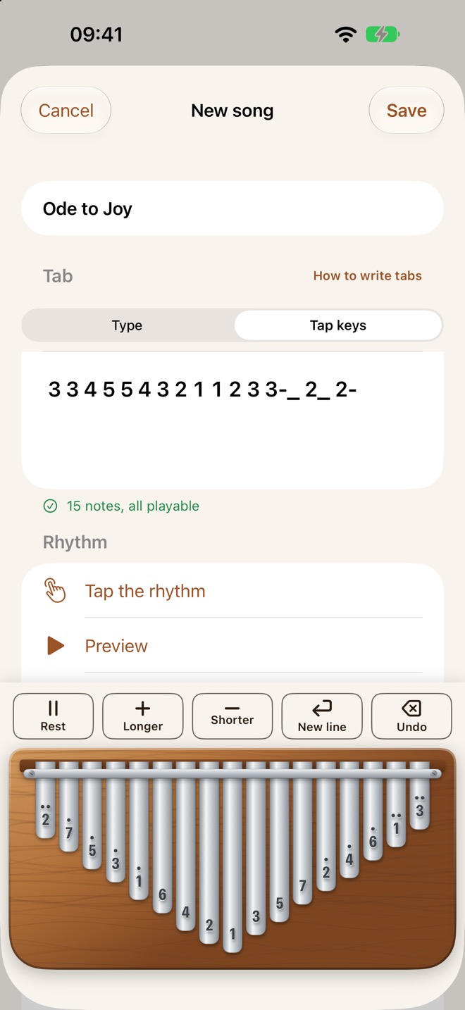 Writing Ode to Joy by tapping keys: the tab fills in above a kalimba, with buttons for rest, longer, shorter, new line and undo.