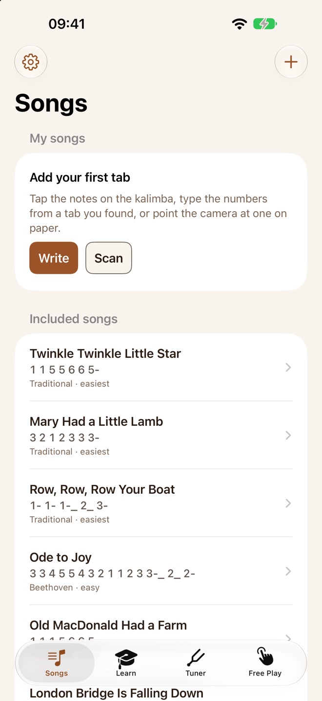 The Songs tab: an Add your first tab card with Write and Scan buttons, above the included songs, each with its opening tab