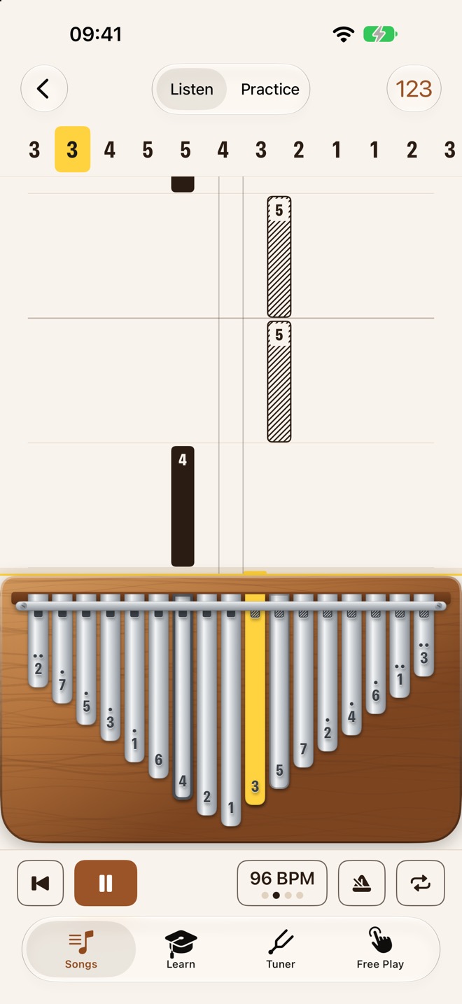 Kalimba Coach playing Ode to Joy: a row of tab numbers at the top, note bars falling in columns, and the yellow key 3 lit on the kalimba.