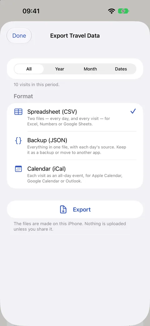 Stamp Days Export Travel Data screen with a choice of all, year, month or dates, and formats CSV spreadsheet, JSON backup and iCal calendar