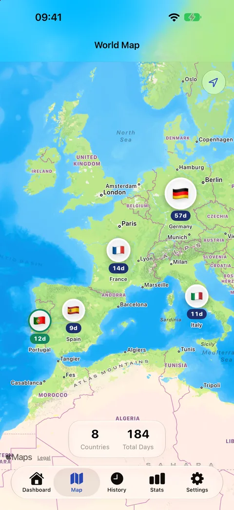 World map in Stamp Days with pins for Germany 57 days, France 14 days, Portugal 12 days, Spain 9 days and Italy 11 days, and a total of 8 countries and 184 days